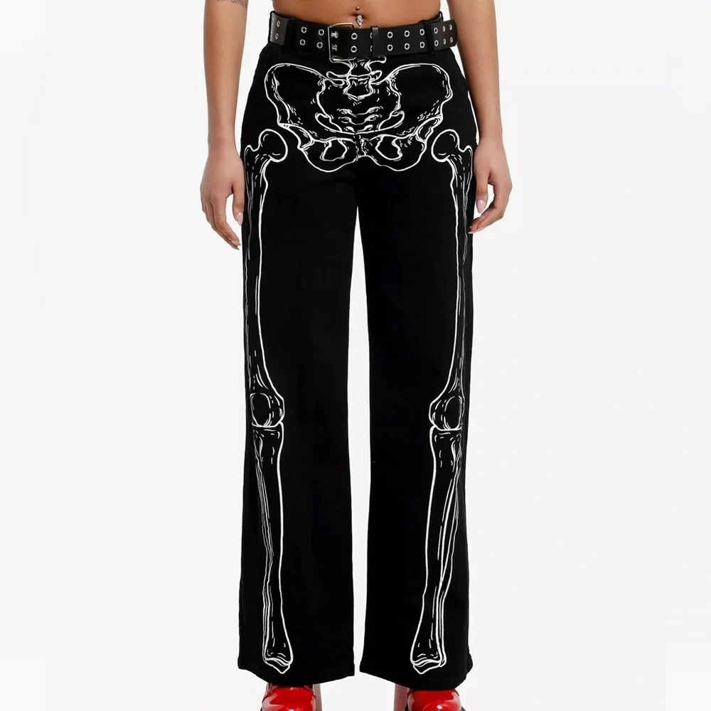 Black Skeleton Outline Grommet Belt Wide Leg Pants Hot‎ Topic Halloween